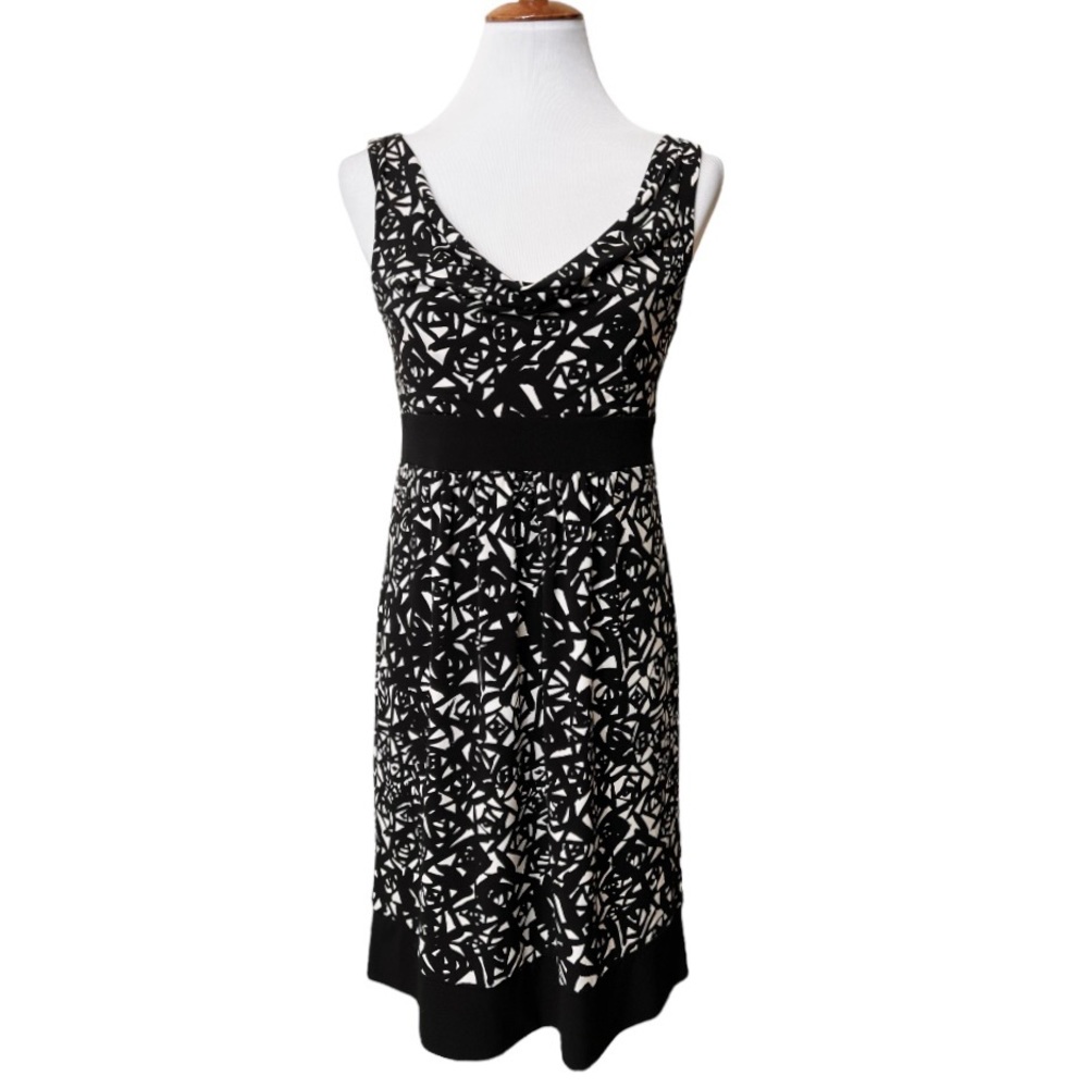 Michael Kors Black White Geometric Printed Draped Neck Sleeveless Knit Dress S